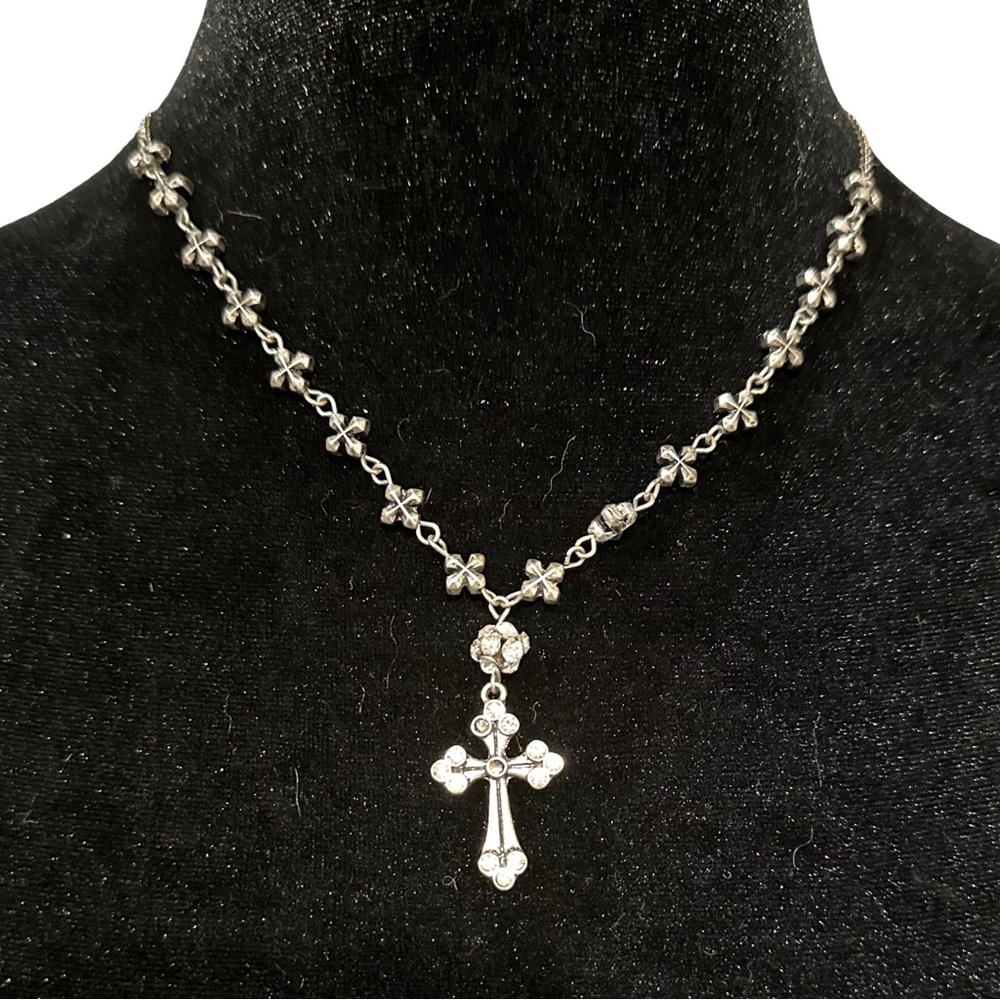 Cross Pendant Necklace Rhinestone Accent Adjustable Length Silver Tone